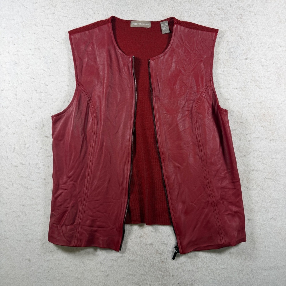 Valerie Separates Womens XL Leather & Merino Wool Zip Front Vest Burgundy Red - Picture 2 of 9